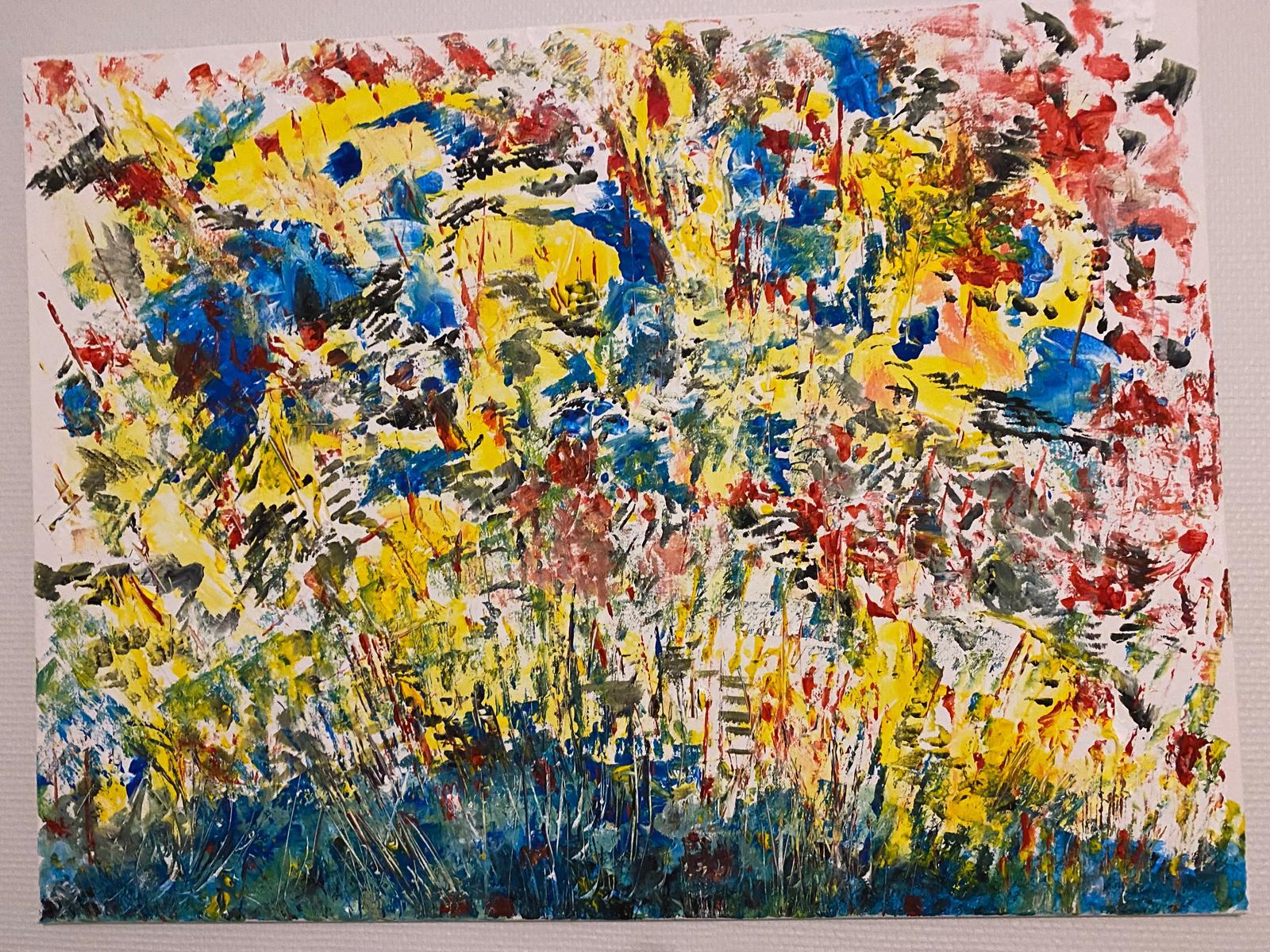 Une peinture abstraite vibrante avec un mélange de couleurs vives, notamment le jaune, le bleu, le rouge et le vert. La composition dégage une impression chaotique et énergique avec des coups de pinceau larges et variés créant un effet texturé et superposé.