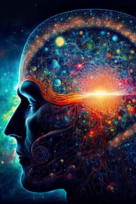 Une image vibrante et surréaliste d'une silhouette de tête humaine remplie d'images cosmiques et neuronales. À l'intérieur de la tête se trouvent des motifs complexes d'étoiles, de galaxies et de connexions neuronales, avec une lumière vive émanant du centre, symbolisant l'univers dans l'esprit.